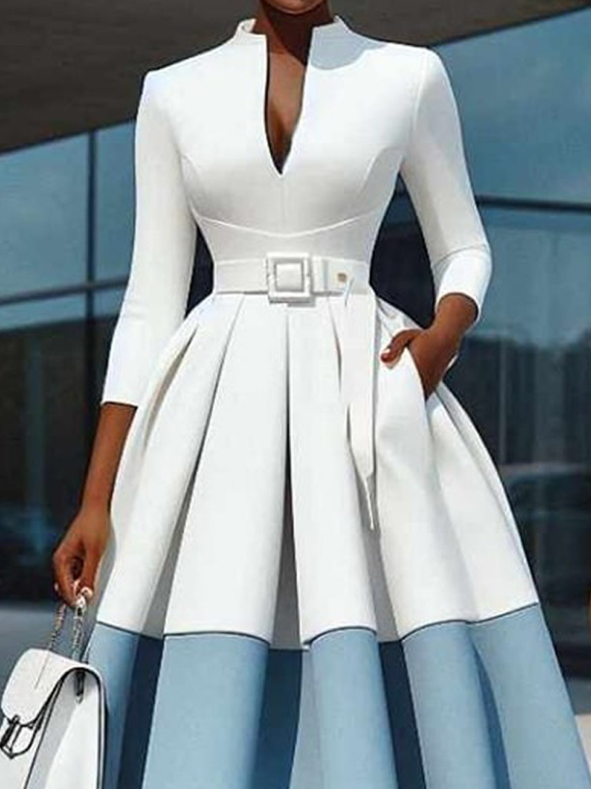 Elegant Color Block  V Neck Knee Length Dress With Belt