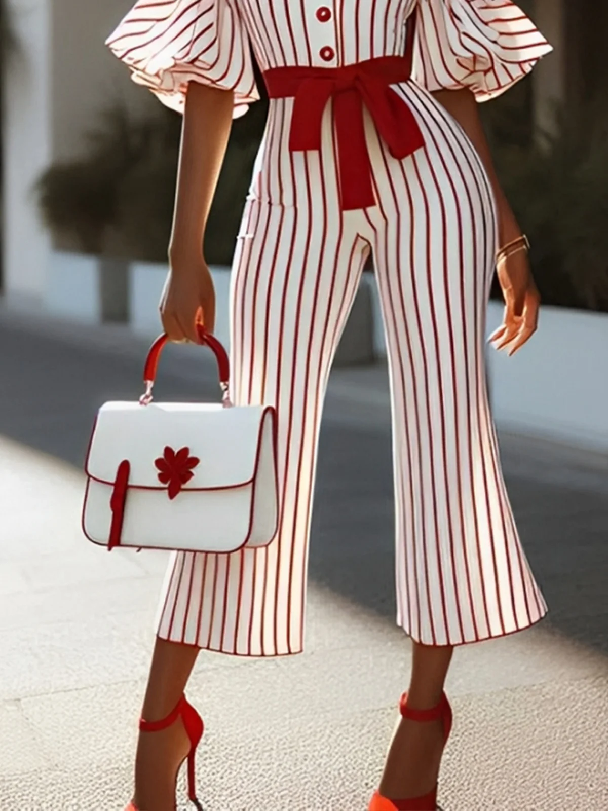 Urban Buttoned Ruffle Sleeve Striped Square Neck Jumpsuit