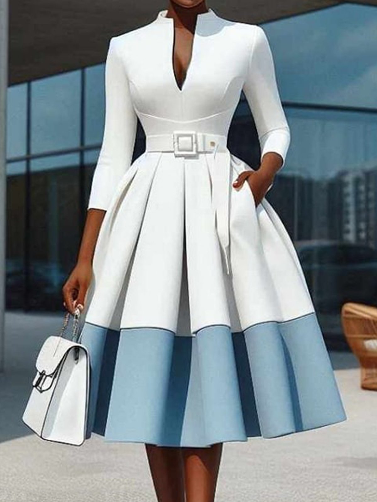 Elegant Color Block  V Neck Knee Length Dress With Belt