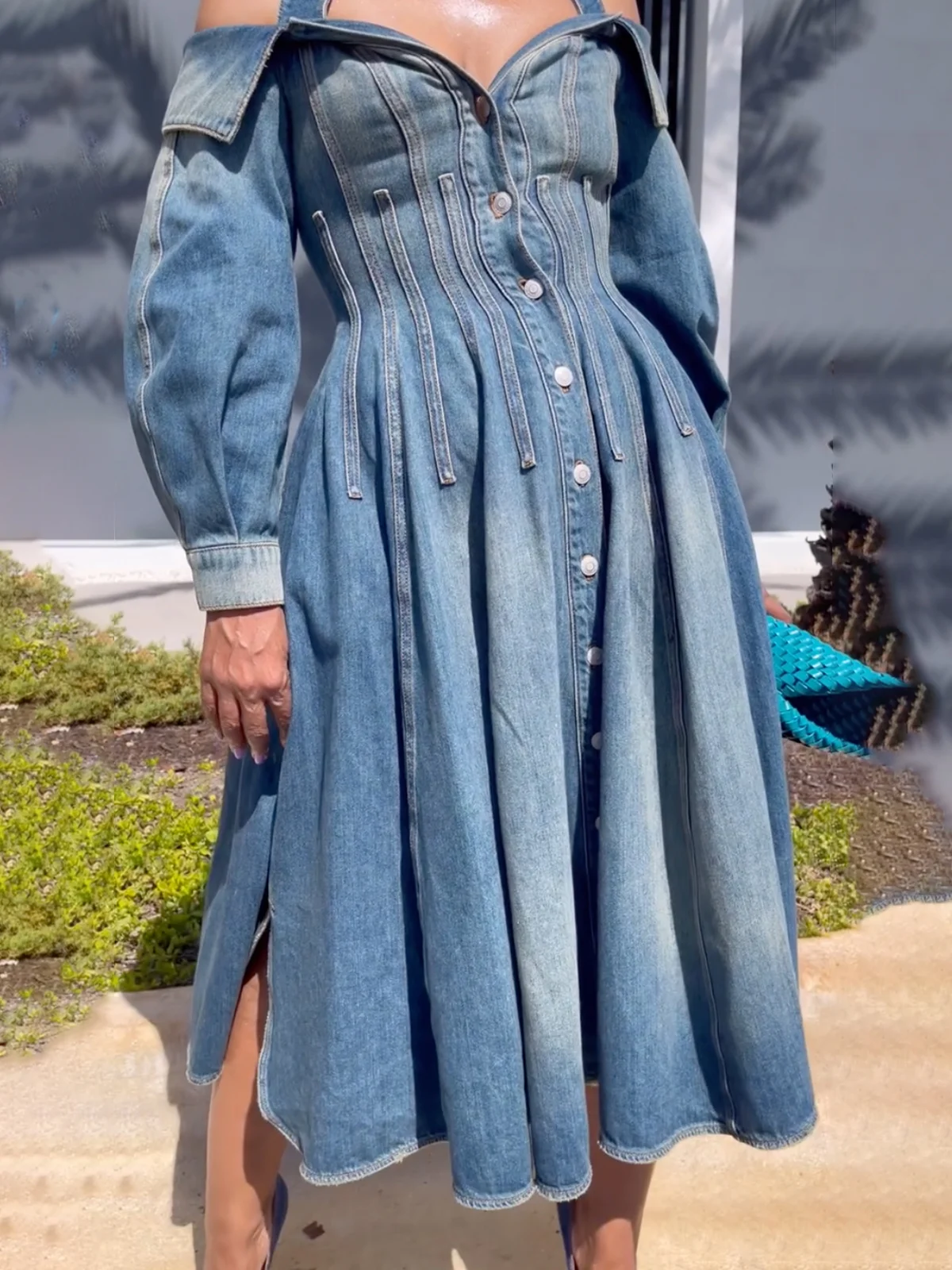 Elegant Plain Off Shoulder Sleeve Halter Denim Midi Dress