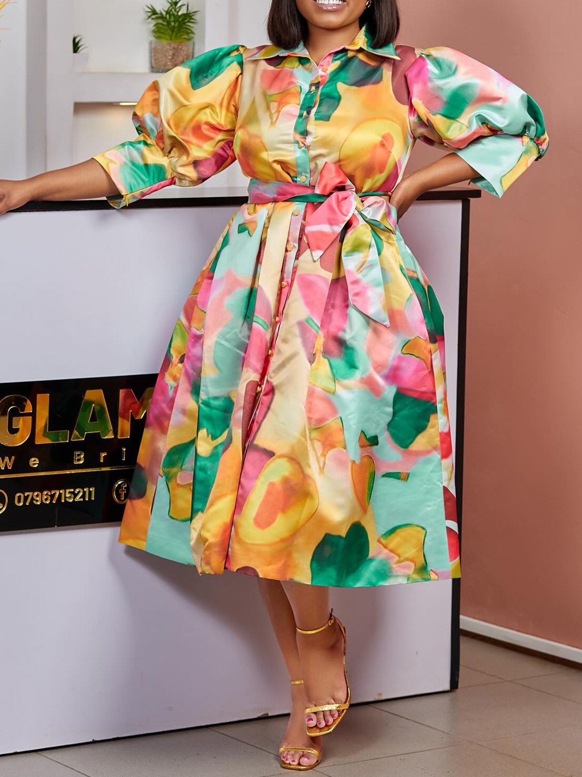 Elegant Random Print Puff Sleeve Shirt Collar Midi Dress With Belt