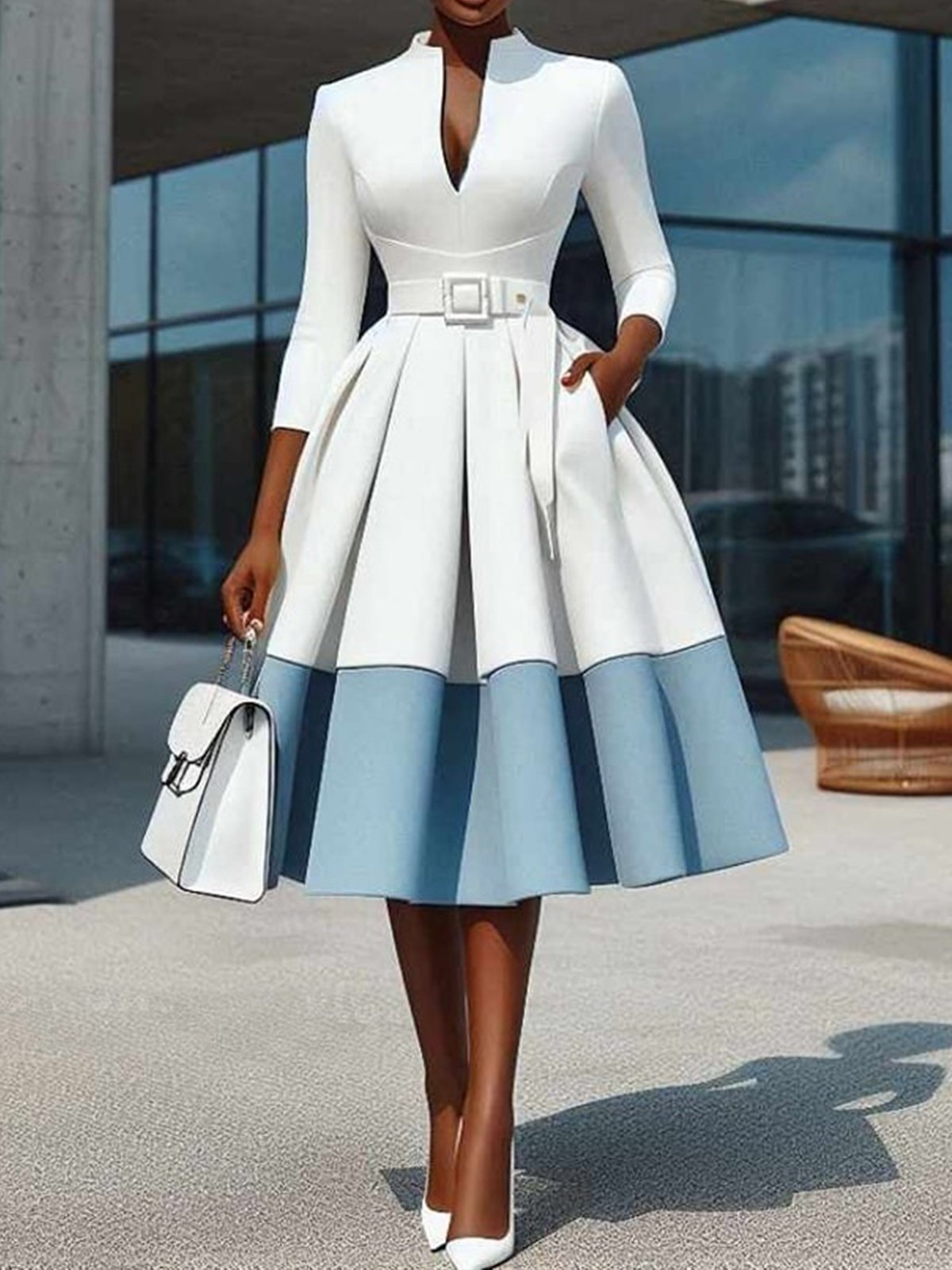 Elegant Color Block  V Neck Knee Length Dress With Belt