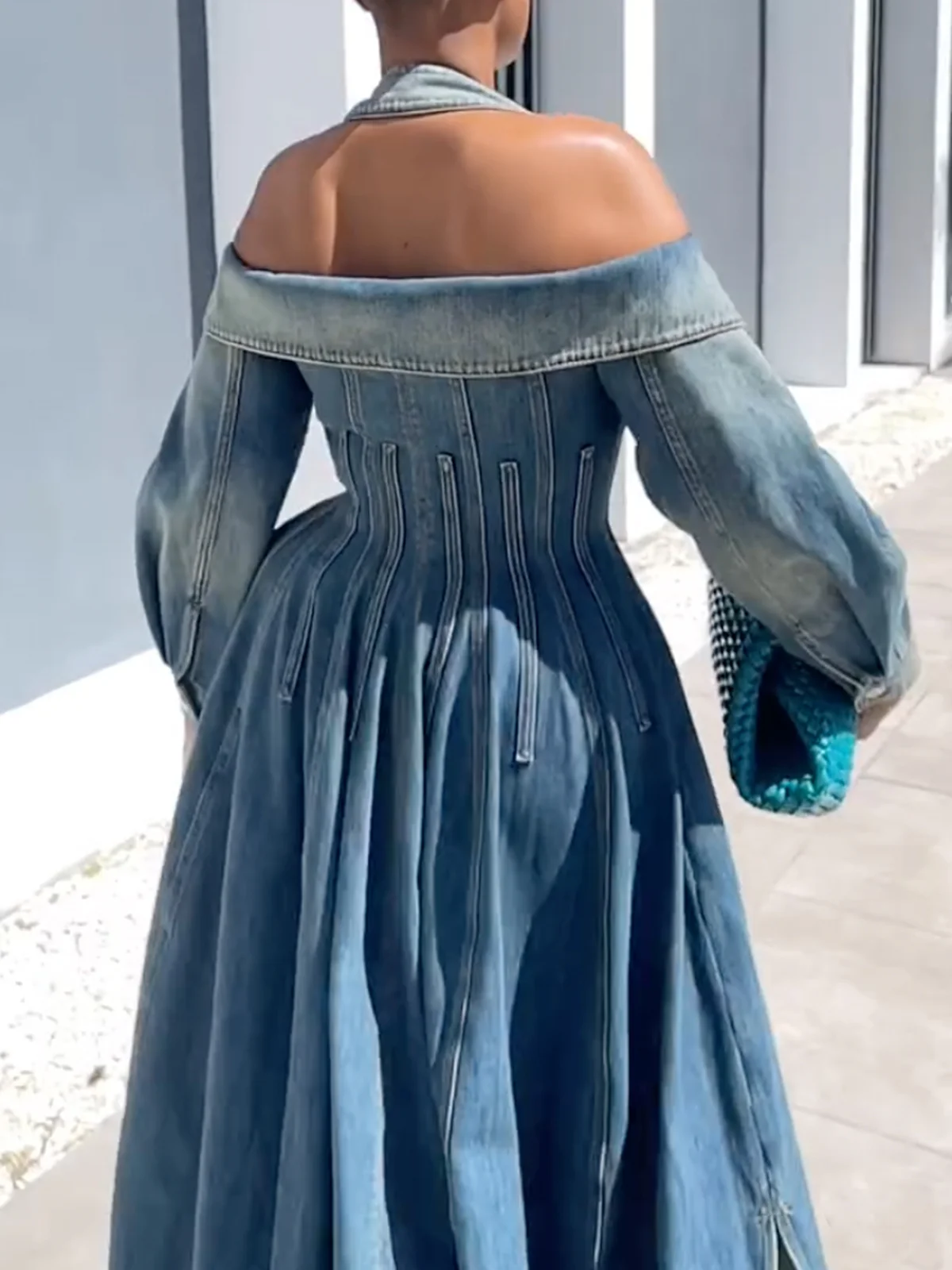 Elegant Plain Off Shoulder Sleeve Halter Denim Midi Dress