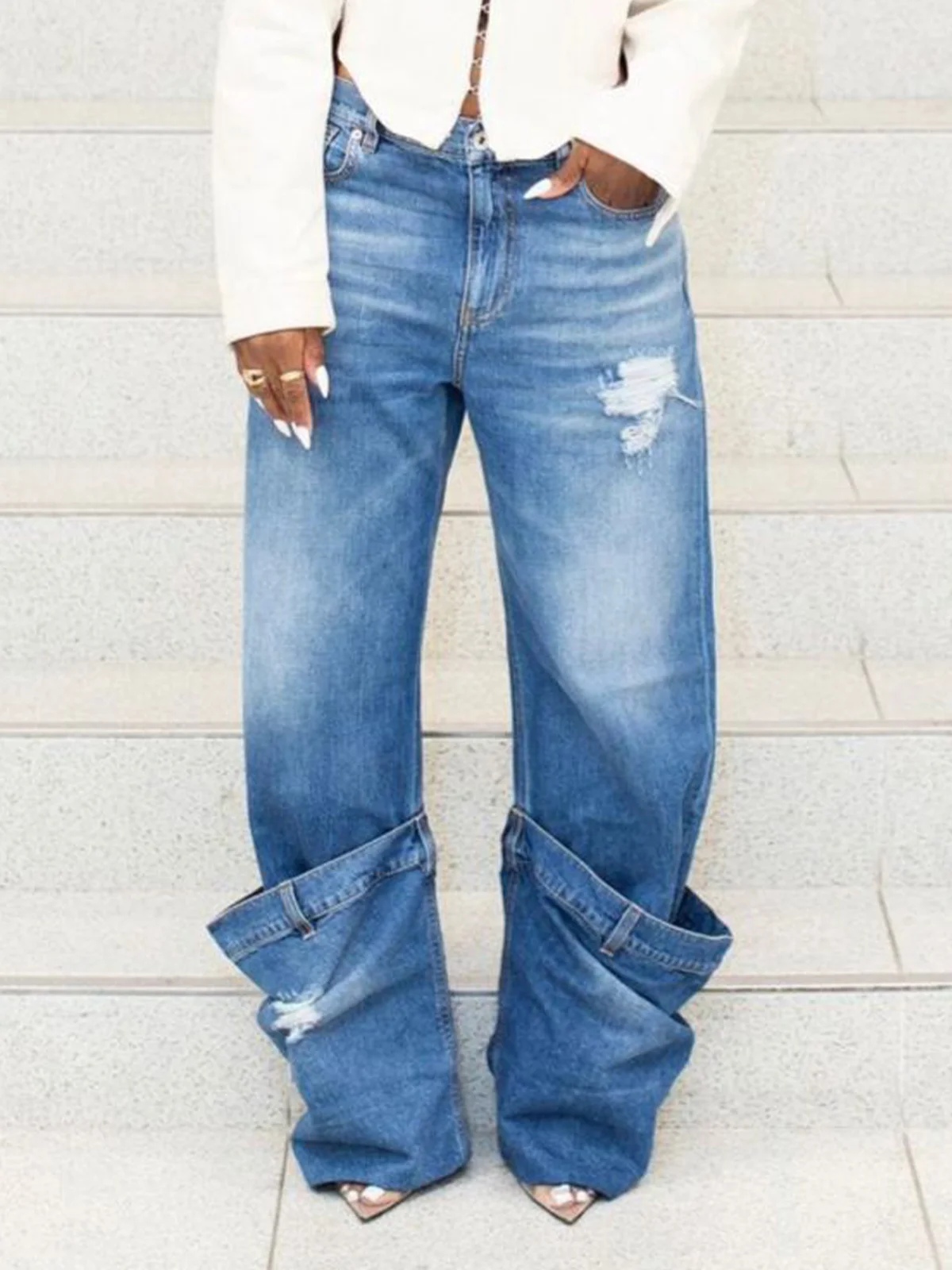 Denim Casual Loose Plain Jeans