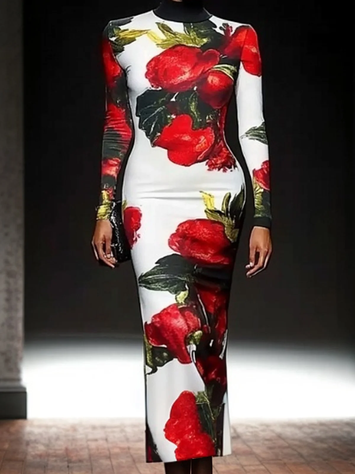 Urban Floral Printing Mock Neck Maxi Dress