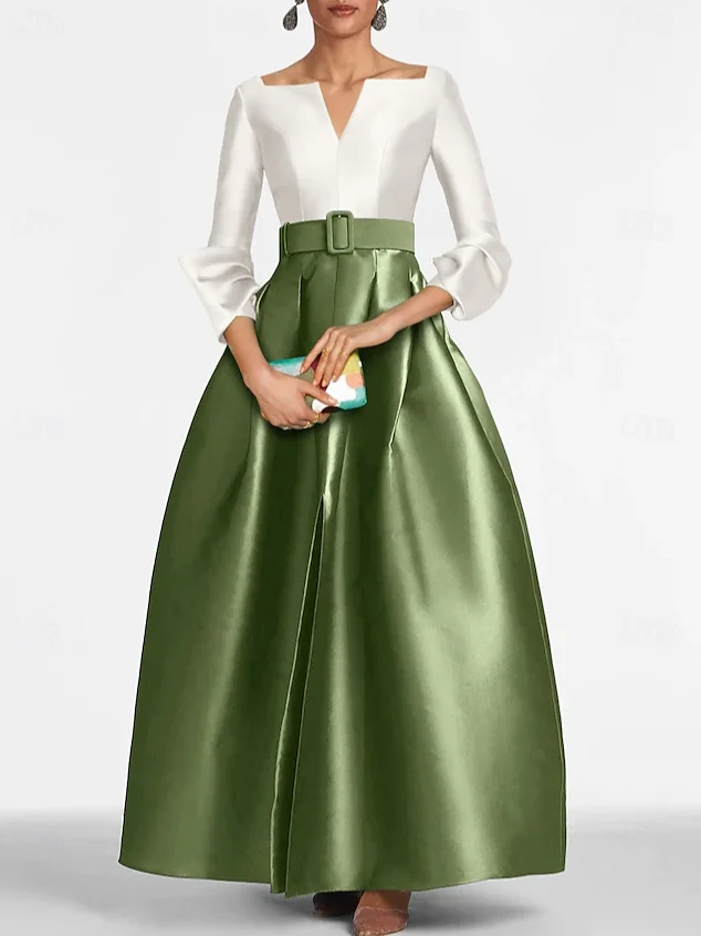 Elegant Color Block V Neck Maxi Dress With Belt