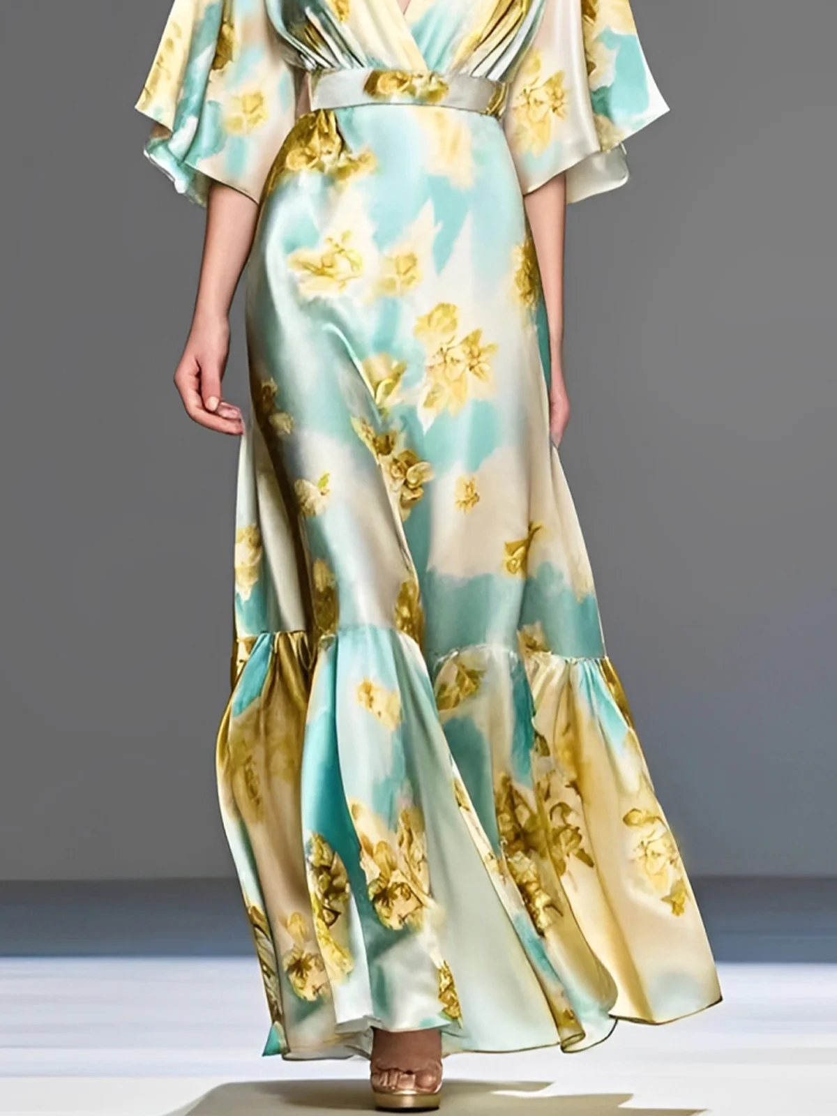 Elegant Floral Ruffle Sleeve V Neck Maxi Dress With Belt