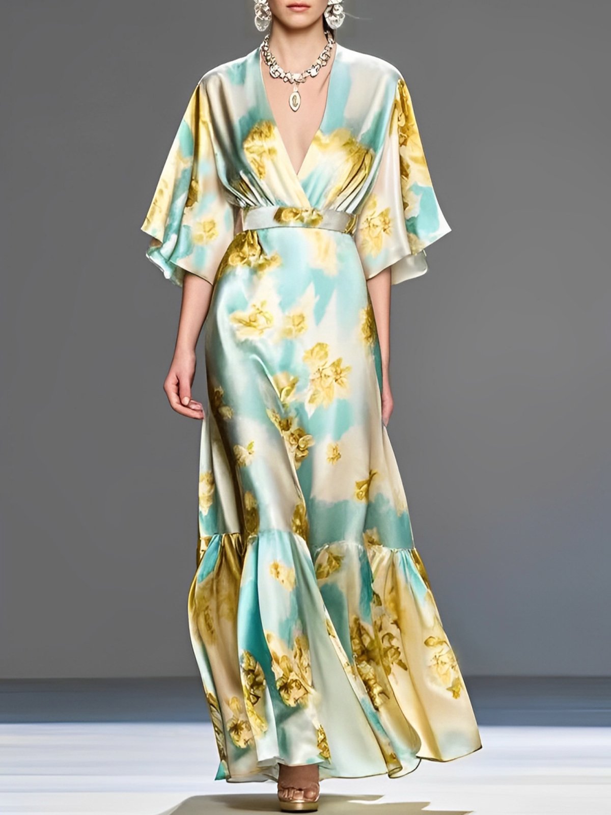 Elegant Floral Ruffle Sleeve V Neck Maxi Dress With Belt