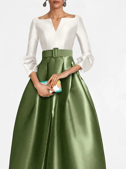 Elegant Color Block V Neck Maxi Dress With Belt