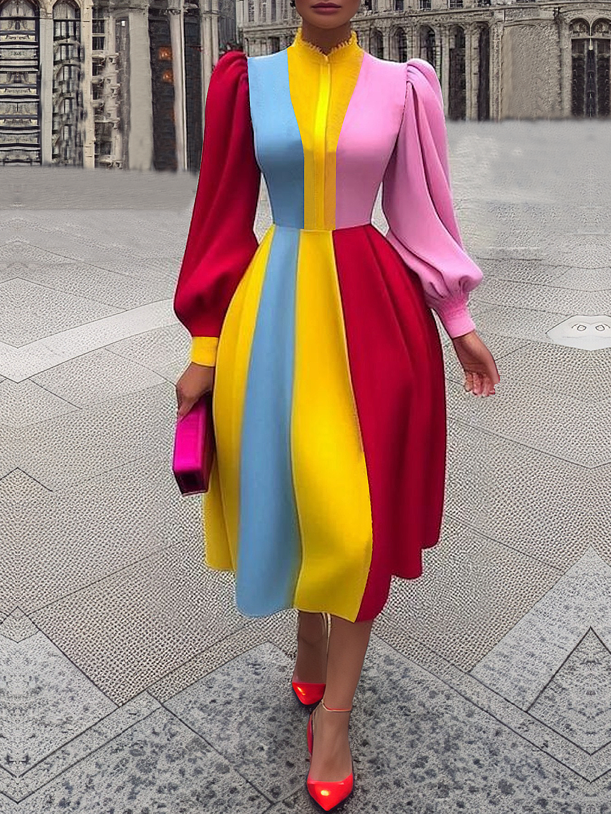 Elegant Color Block  Midi Dress