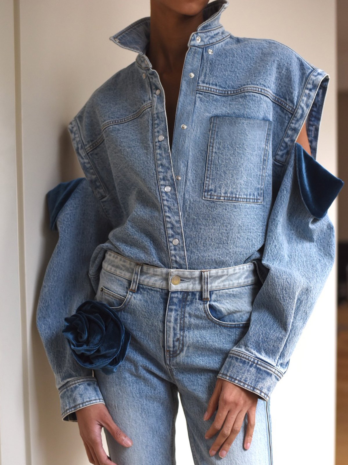 Casual Plain Split Joint  Off Shoulder Sleeve Denim Shirt