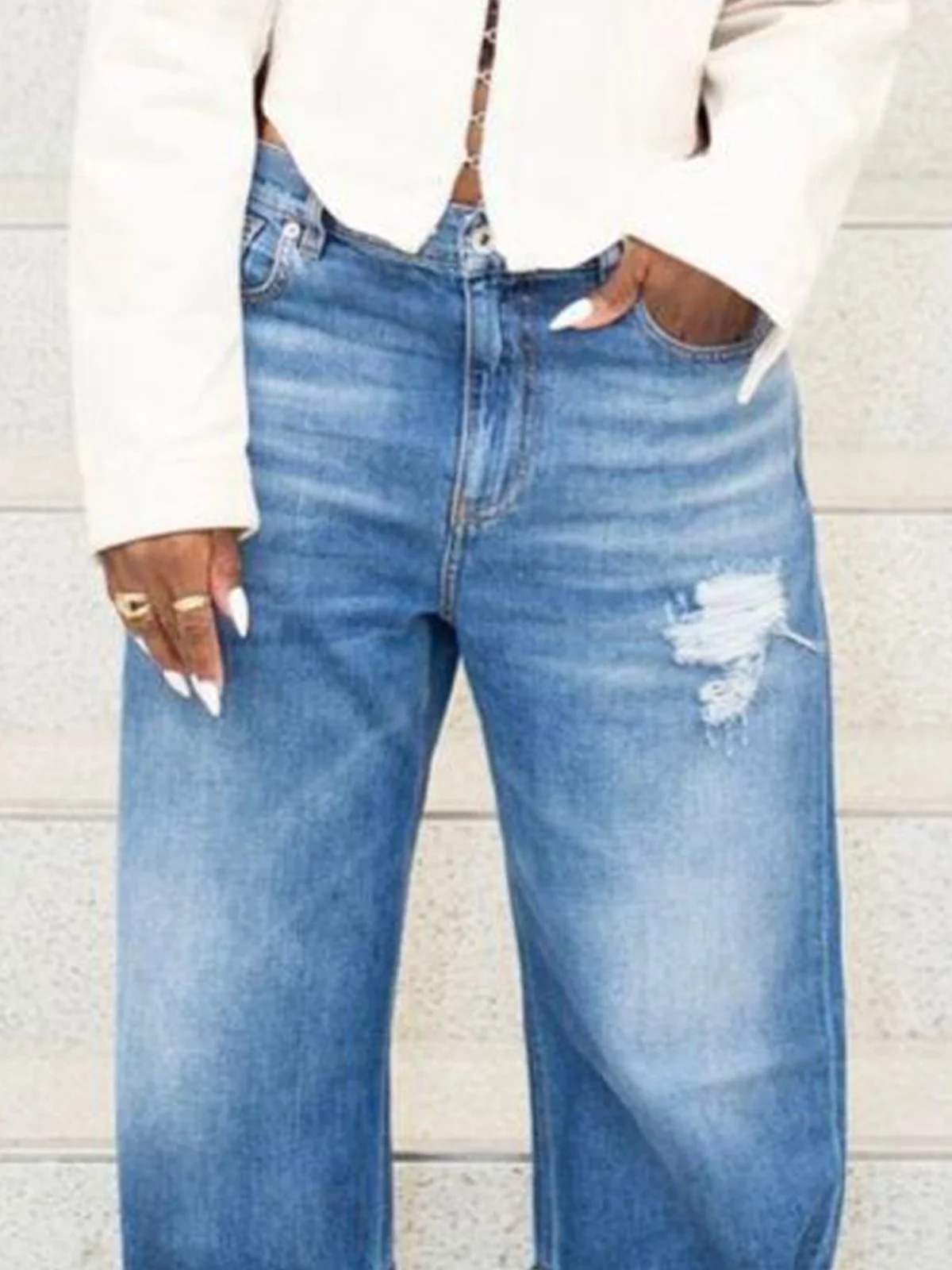 Denim Casual Loose Plain Jeans