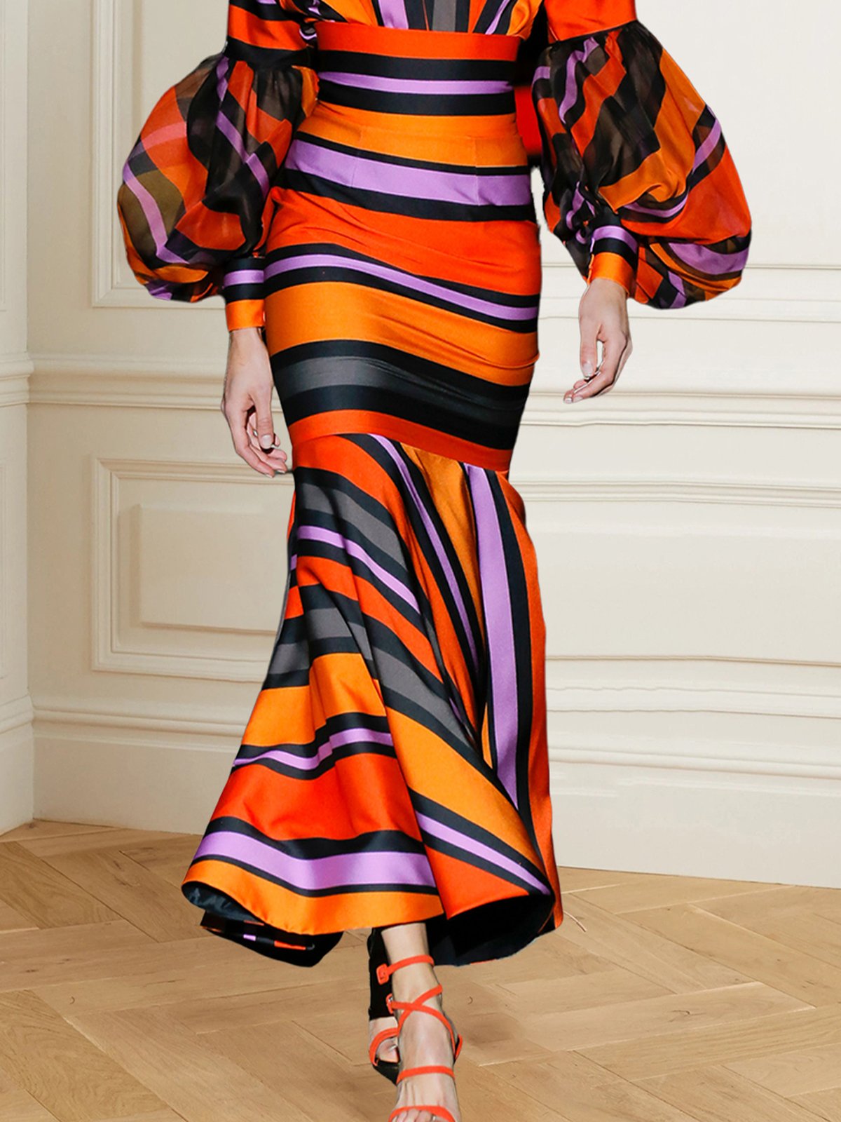 Elegant Printing Striped Maxi Skirt