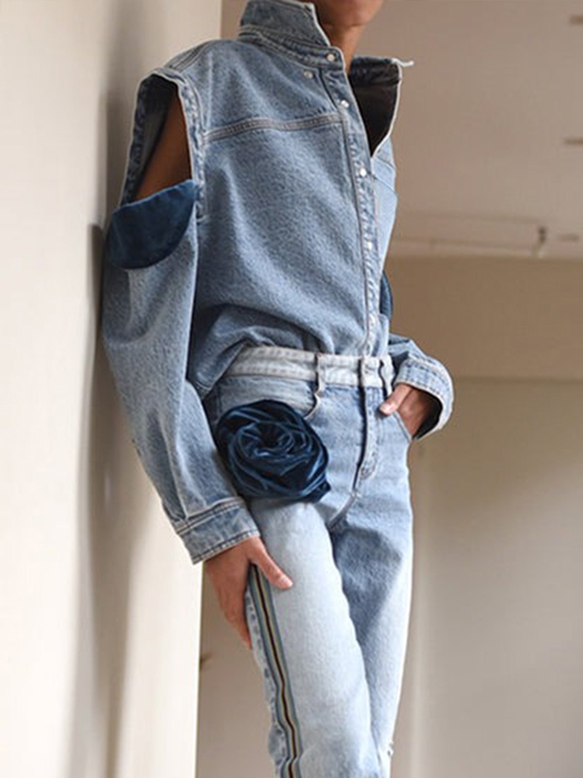 Casual Plain Split Joint  Off Shoulder Sleeve Denim Shirt