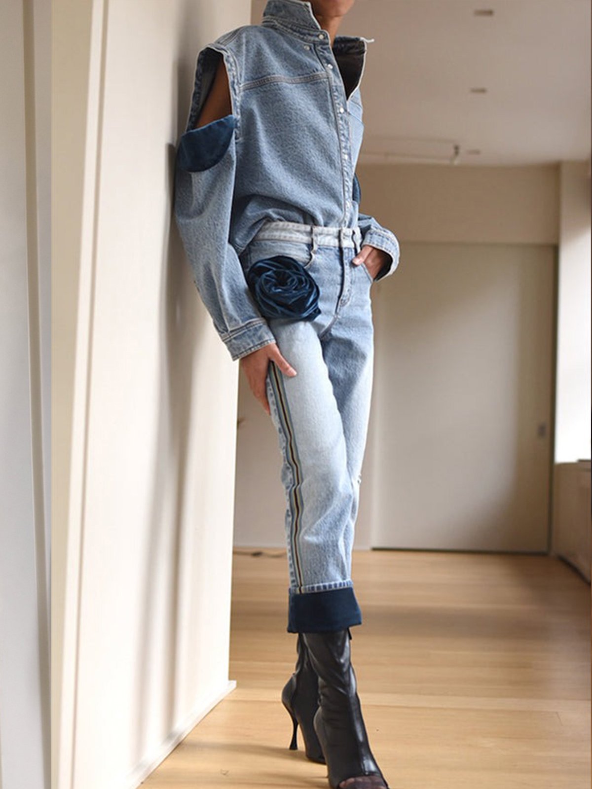 Casual Plain Split Joint  Off Shoulder Sleeve Denim Shirt