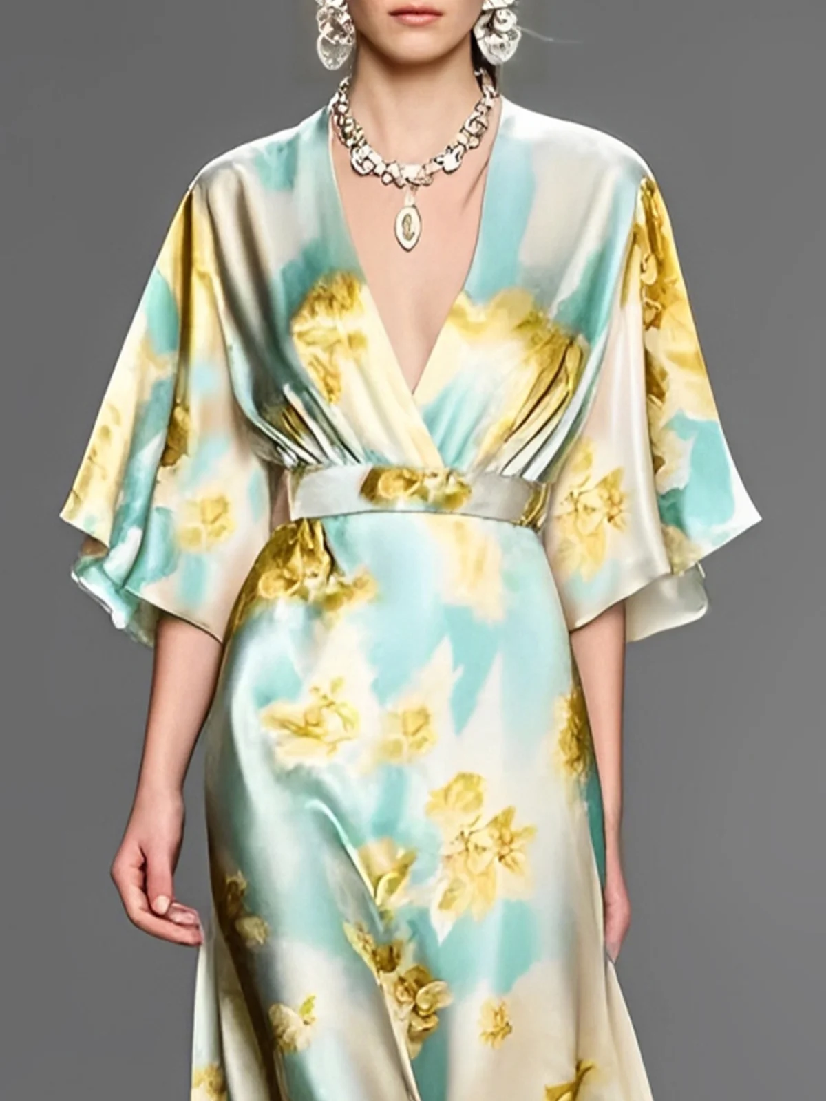 Elegant Floral Ruffle Sleeve V Neck Maxi Dress With Belt