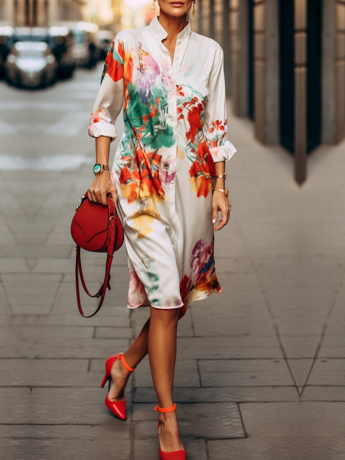 Urban Floral Stand Collar Knee Length Dress