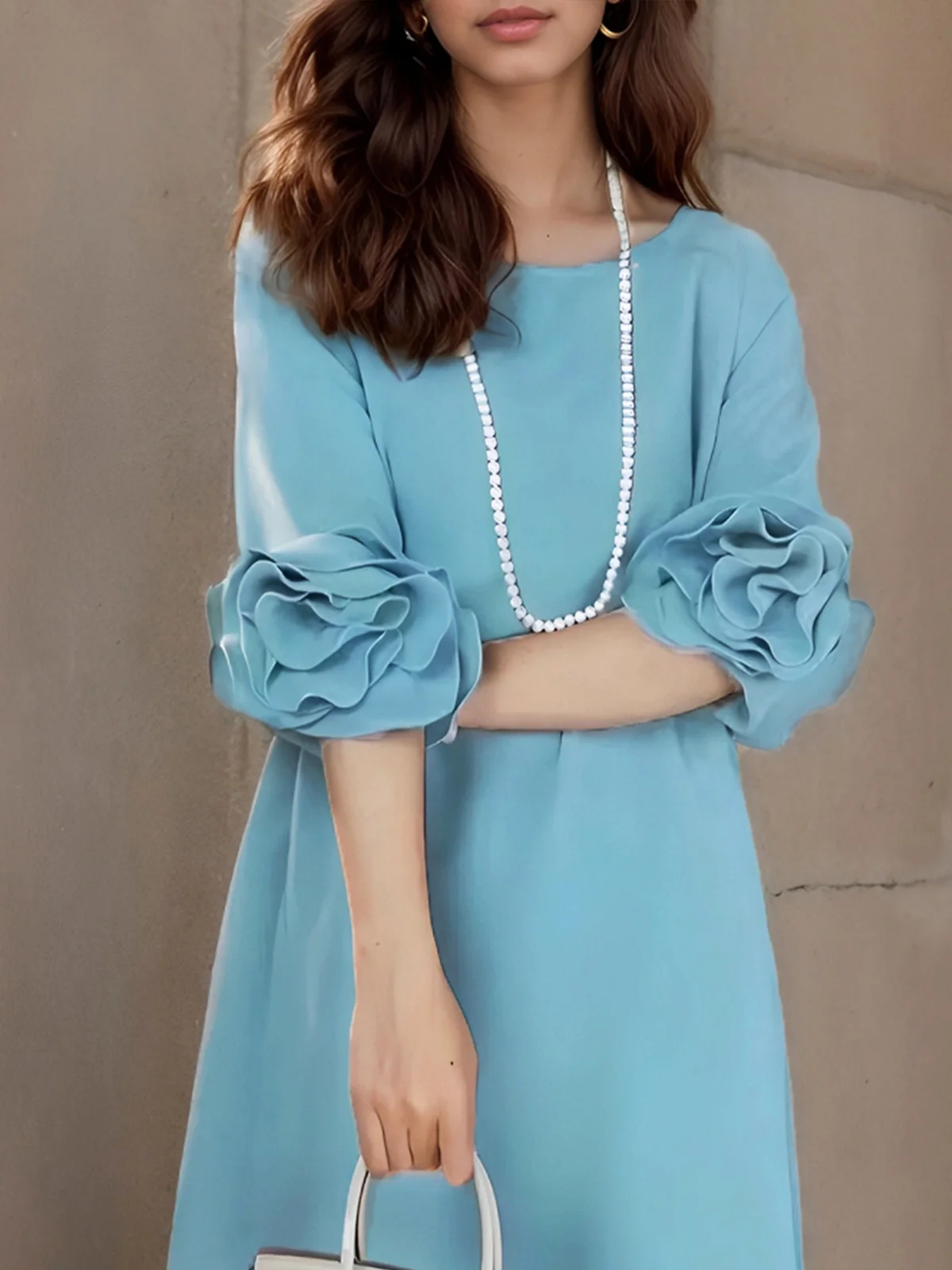 Elegant Plain Ruffle Sleeve Crew Neck Knee Length Dress