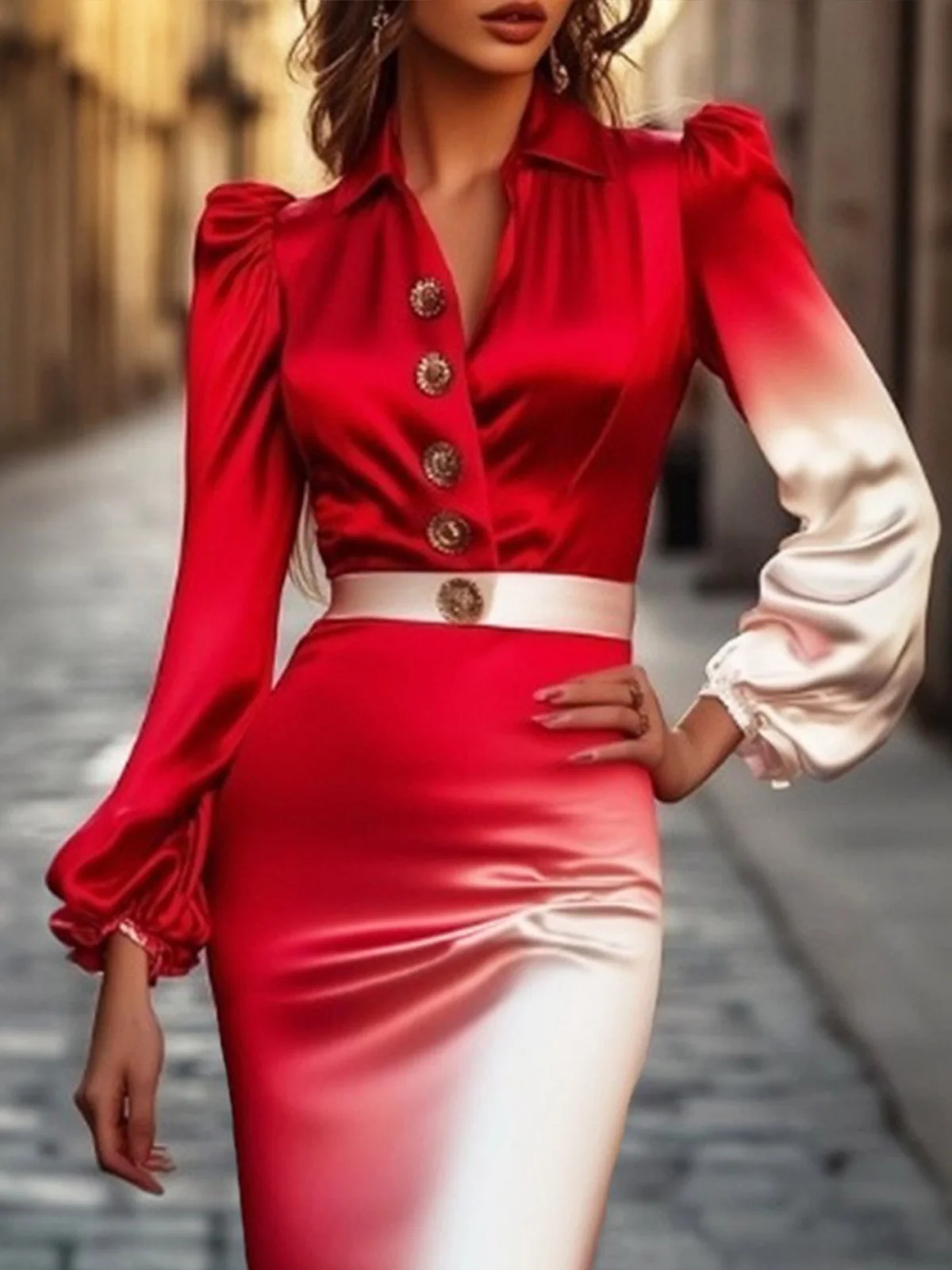 Elegant Ombre Regular Sleeve Buttoned Shirt Collar Knee Length Dress