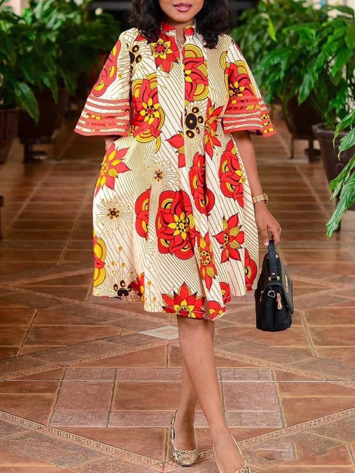 Vacation Floral Bell Sleeve Stand Collar Knee Length Dress