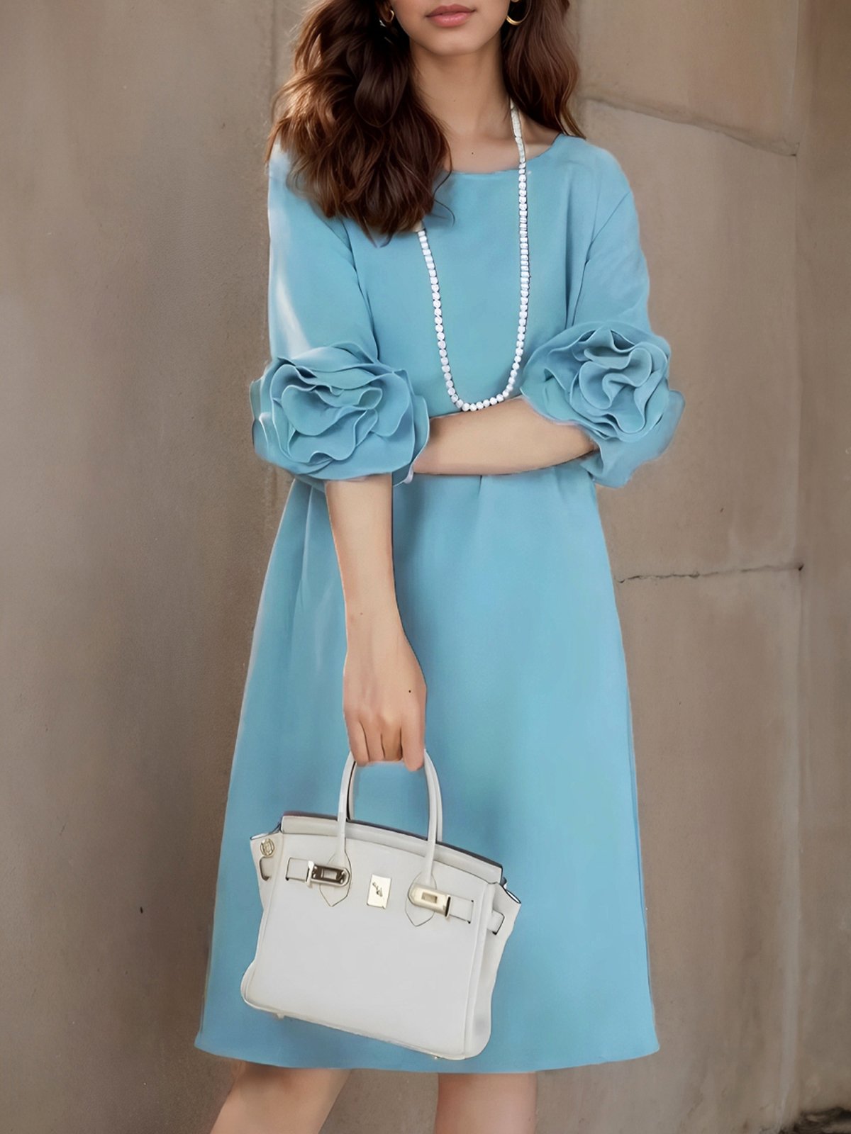 Elegant Plain Ruffle Sleeve Crew Neck Knee Length Dress