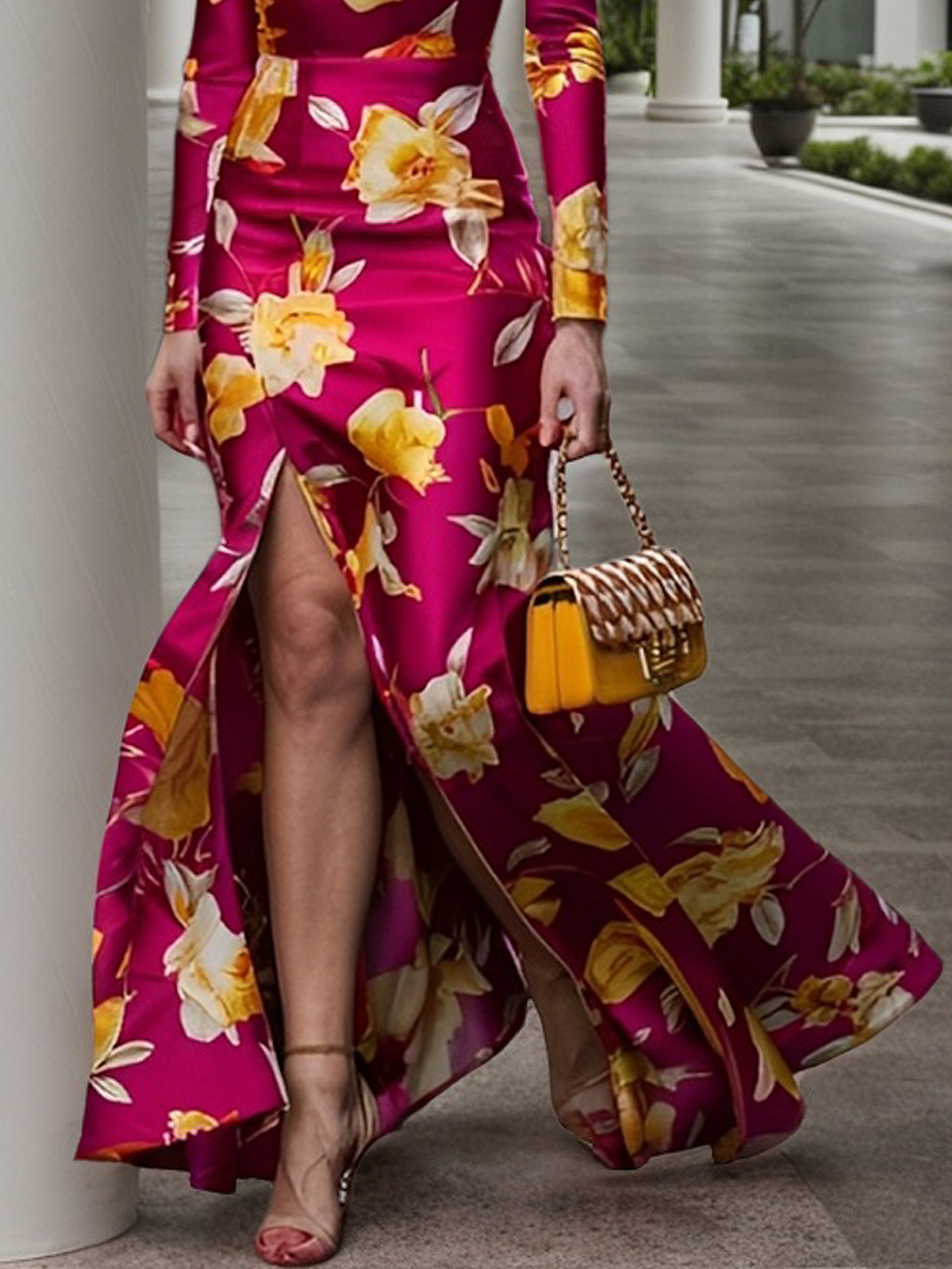 Elegant Floral  Side-Slit Notched Maxi Dress