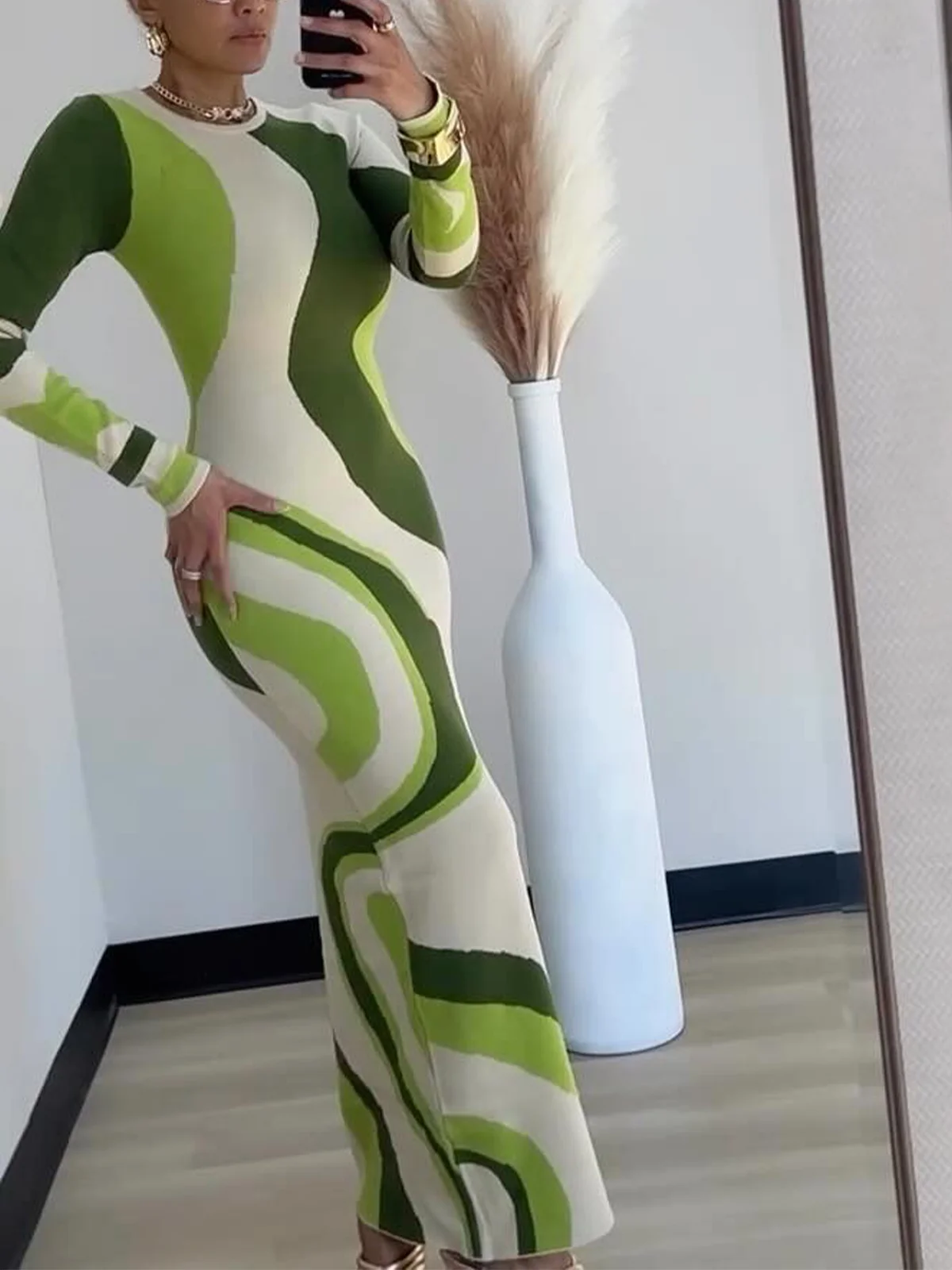 Elegant Colorblock Tight Crew Neck Maxi Sweater Dress