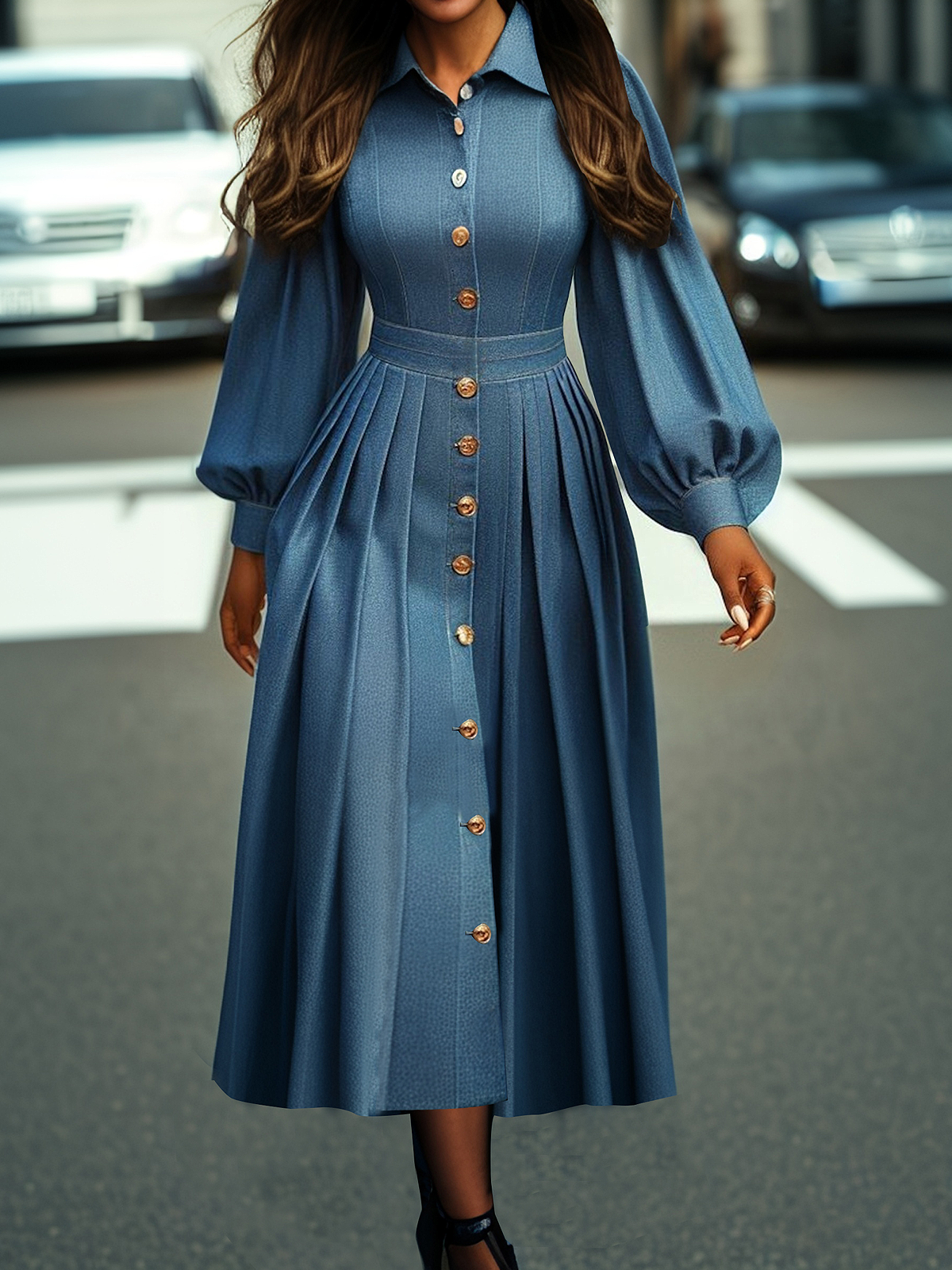 Elegant Faux Denim Shirt Dress