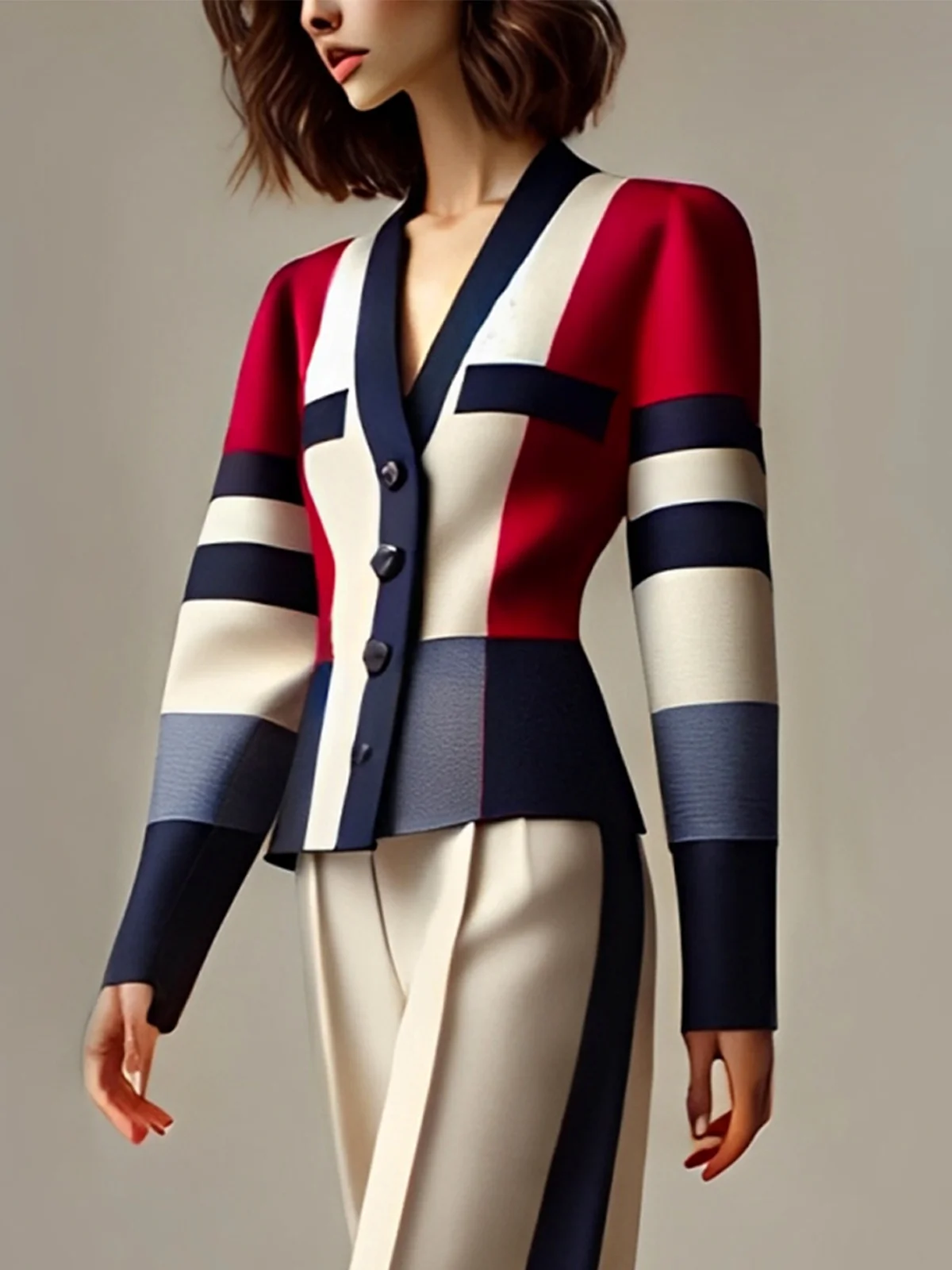 Urban Color Block V Neck Jacket