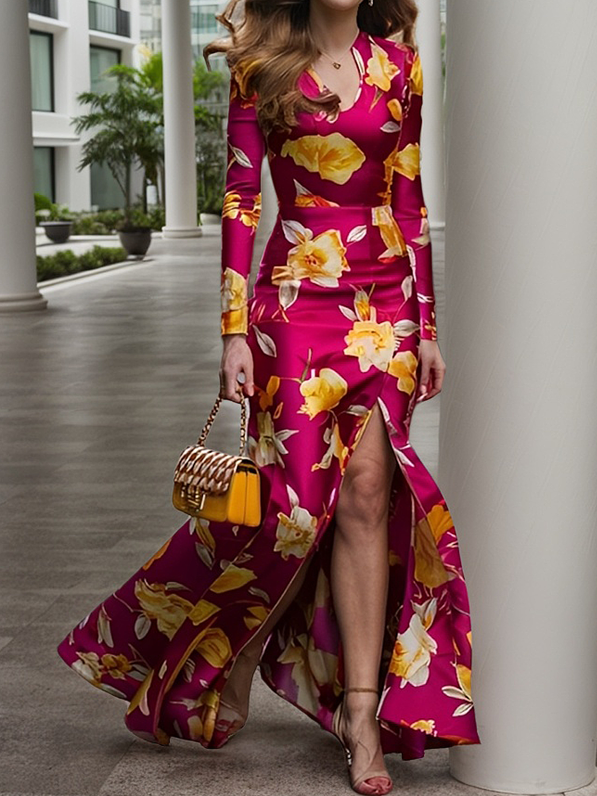 Elegant Floral  Side-Slit Notched Maxi Dress