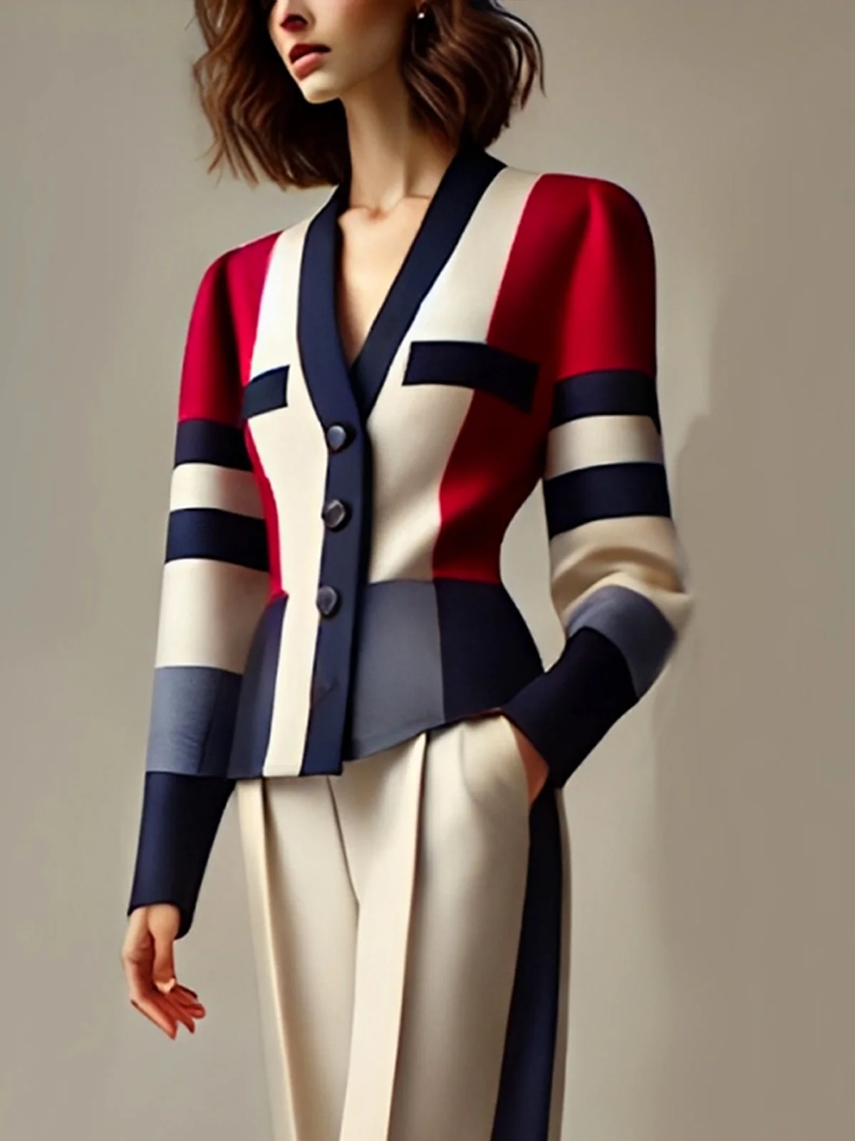 Urban Color Block V Neck Jacket