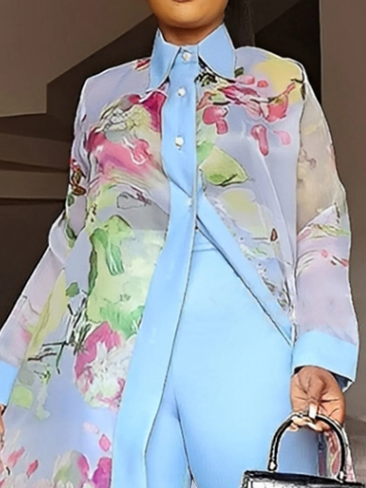 Urban Floral Split Joint Shirt Collar Shirt