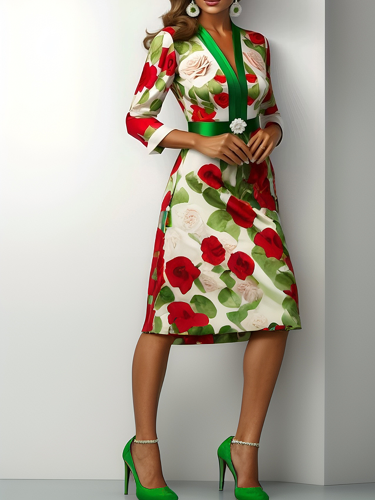 Elegant Floral Printing V Neck Midi Dress