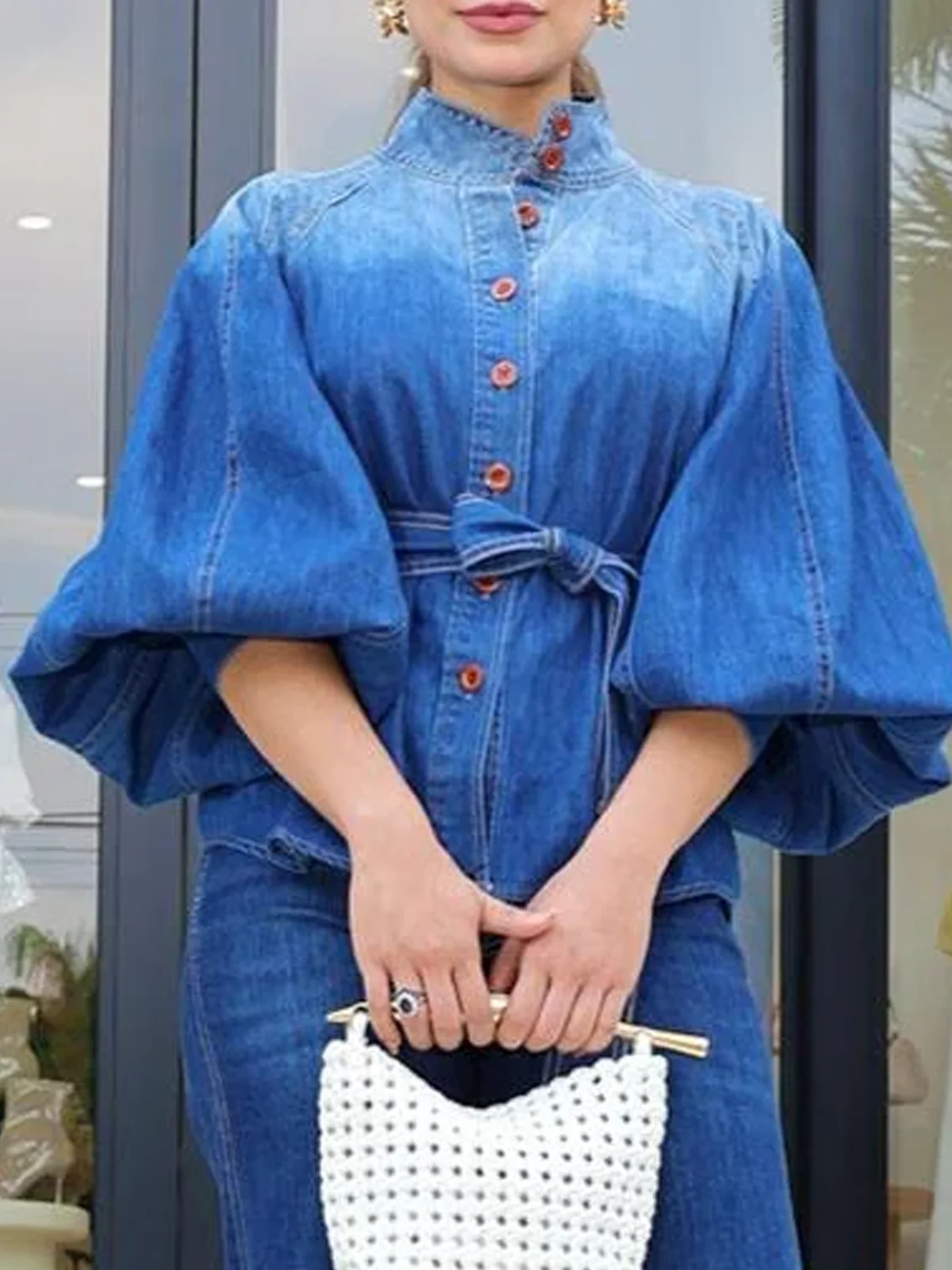 Urban Plain Distressing Stand Collar Balloon Sleeve Denim Shirt With Belt