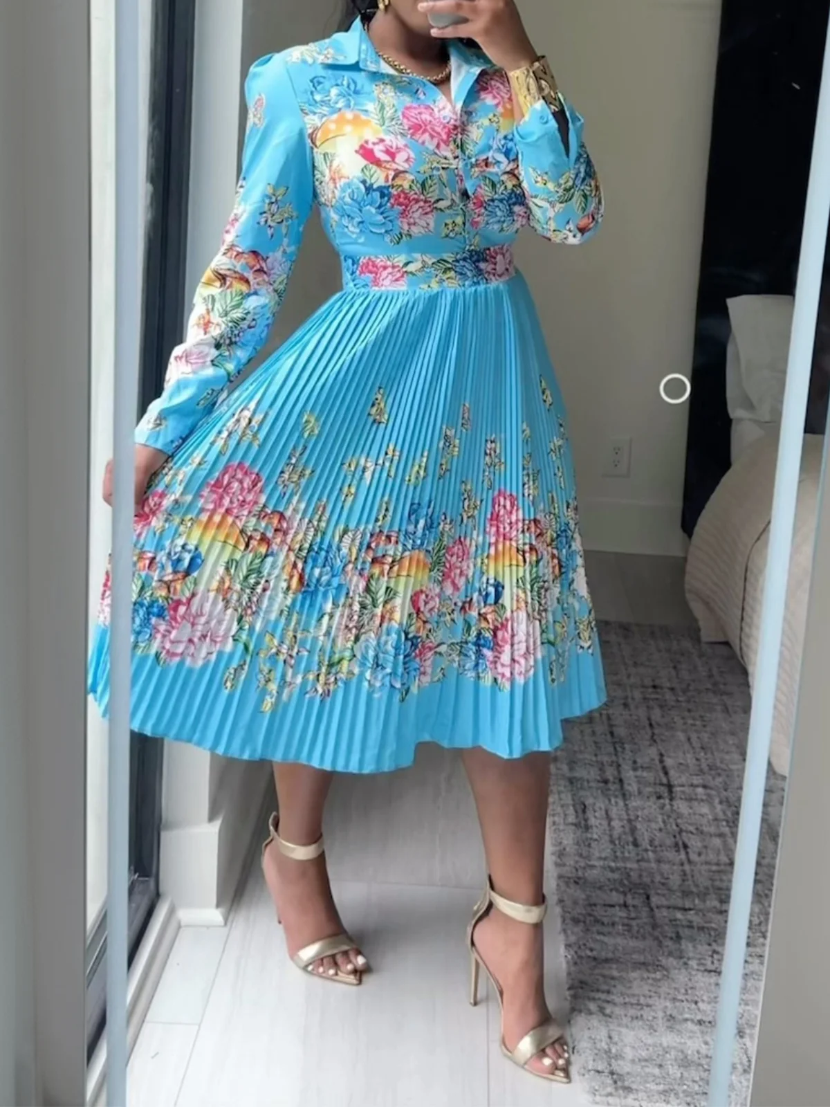 Elegant Floral Shirt Collar Knee Length Dress