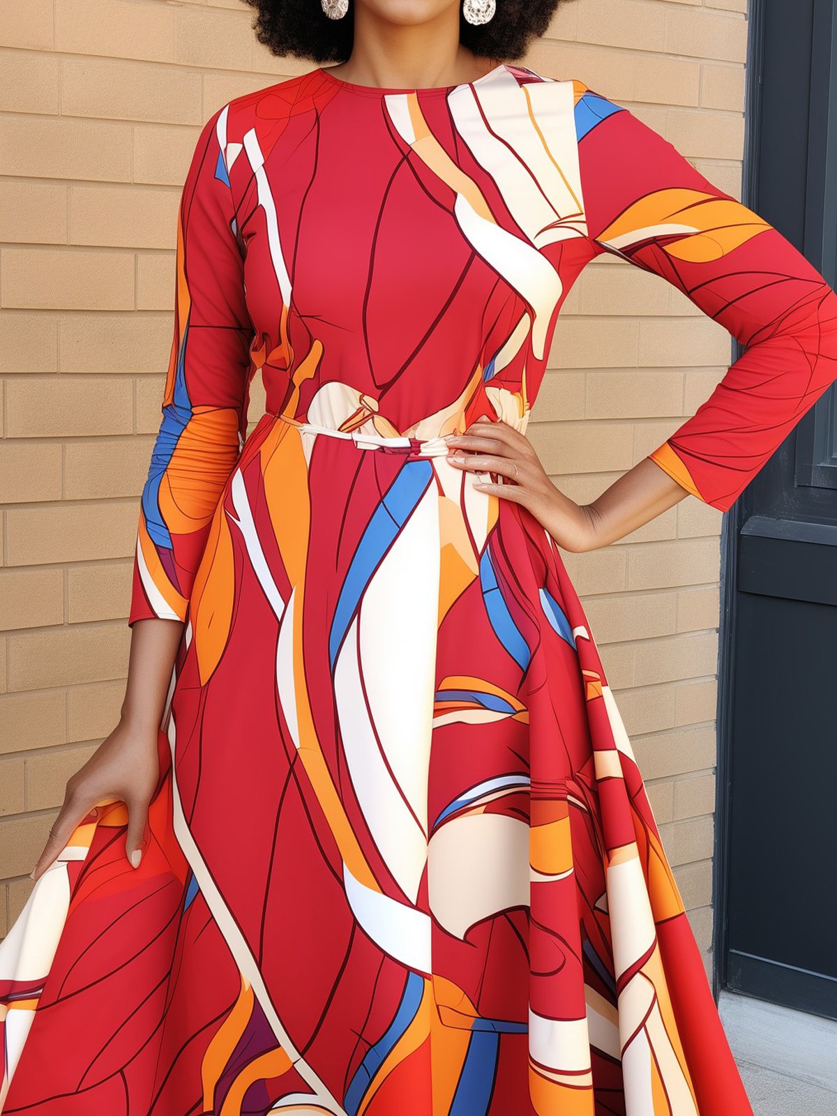 Vacation Abstract Crew Neck Midi Dress