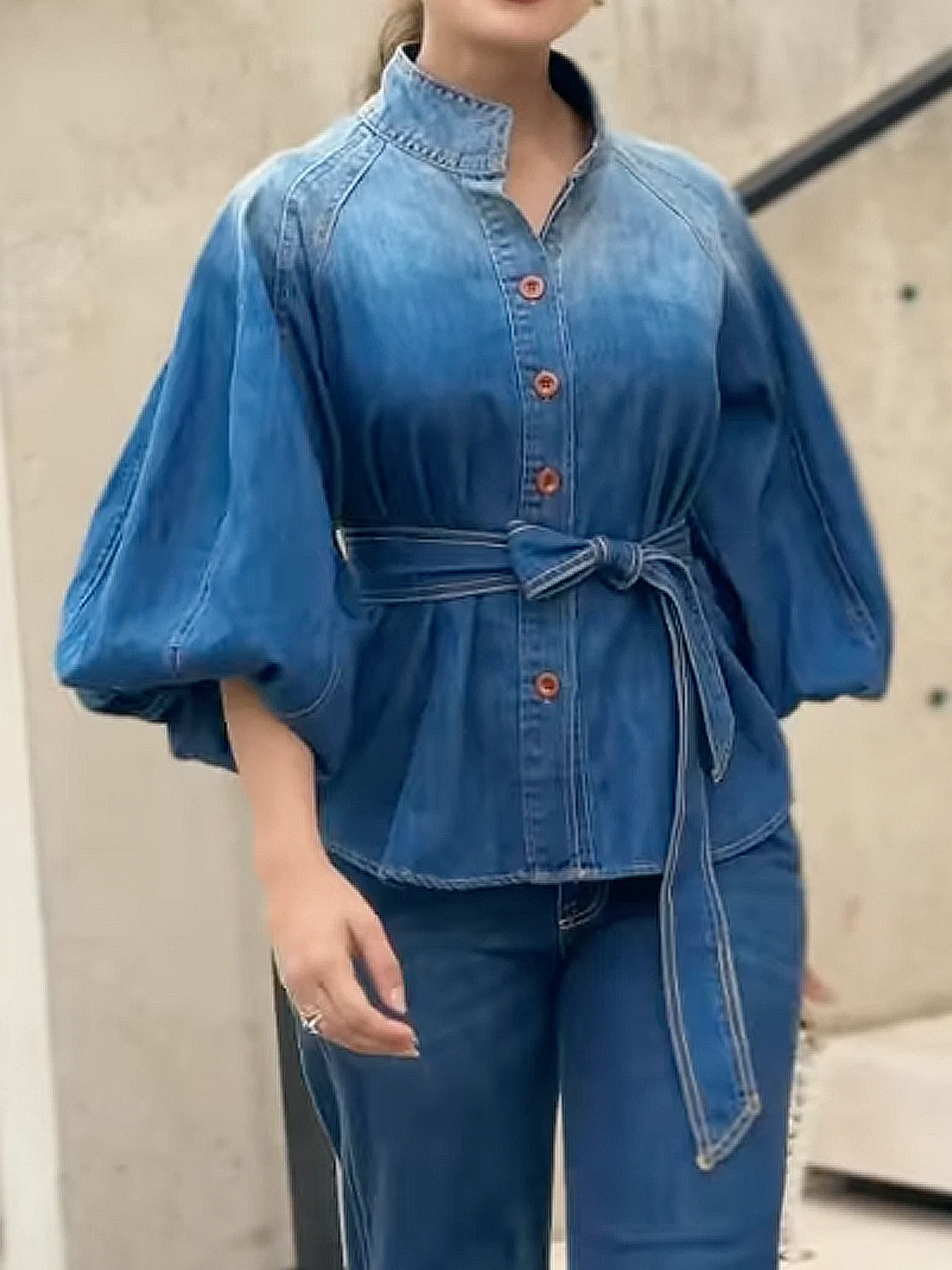 Urban Plain Distressing Stand Collar Balloon Sleeve Denim Shirt With Belt