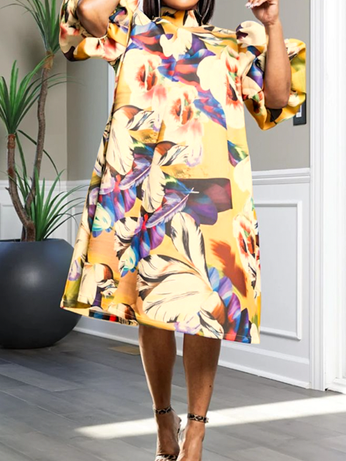 Elegant Floral Puff Sleeve Printing Stand Collar Midi Dress