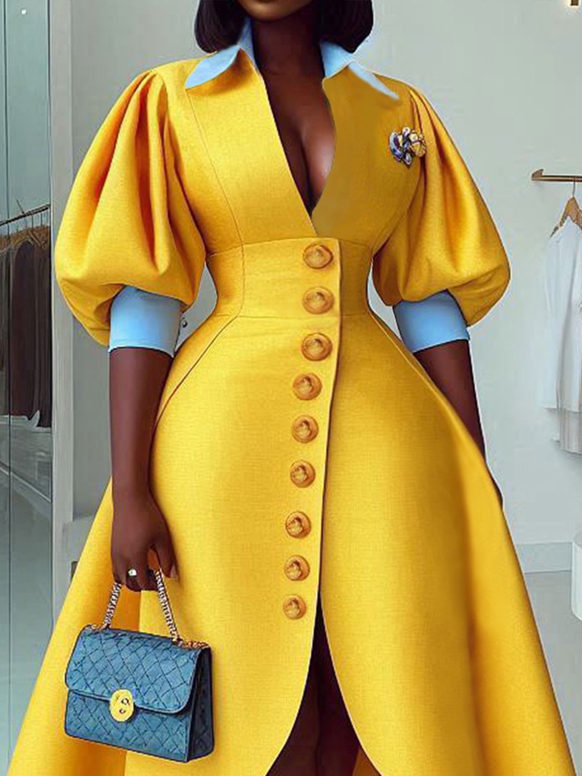 Elegant Color Block Puff Sleeve Buttoned Shawl Collar Midi Dress