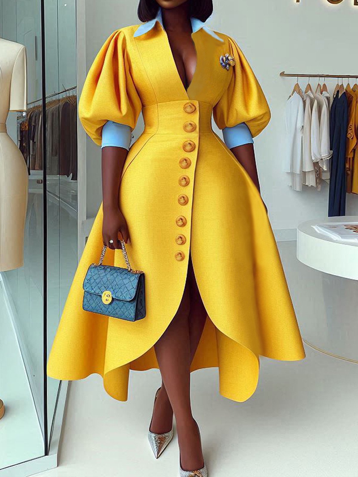 Elegant Color Block Puff Sleeve Buttoned Shawl Collar Midi Dress