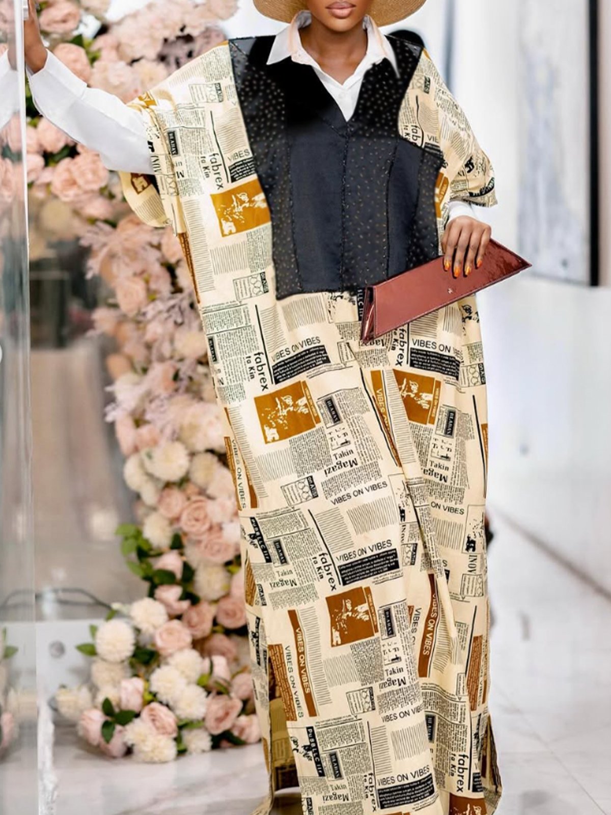 Urban Newspaper Print Raglan Sleeve V Neck Maxi Dress