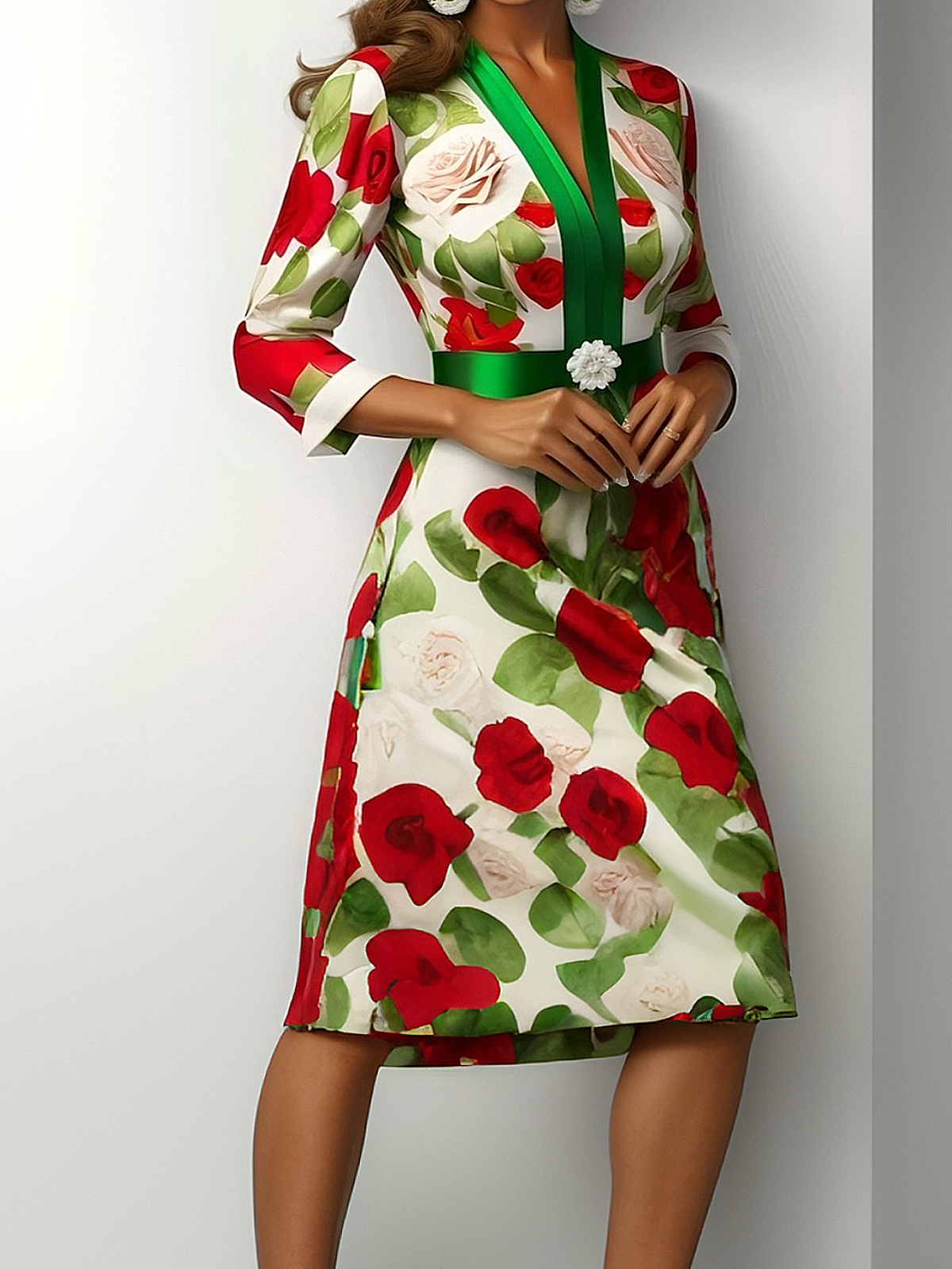 Elegant Floral Printing V Neck Midi Dress