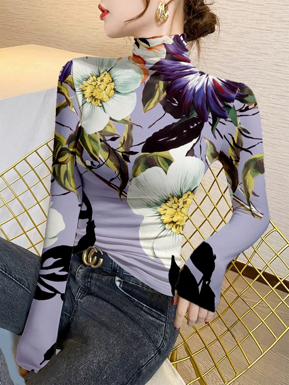 Casual Floral Printing Turtleneck T-shirt