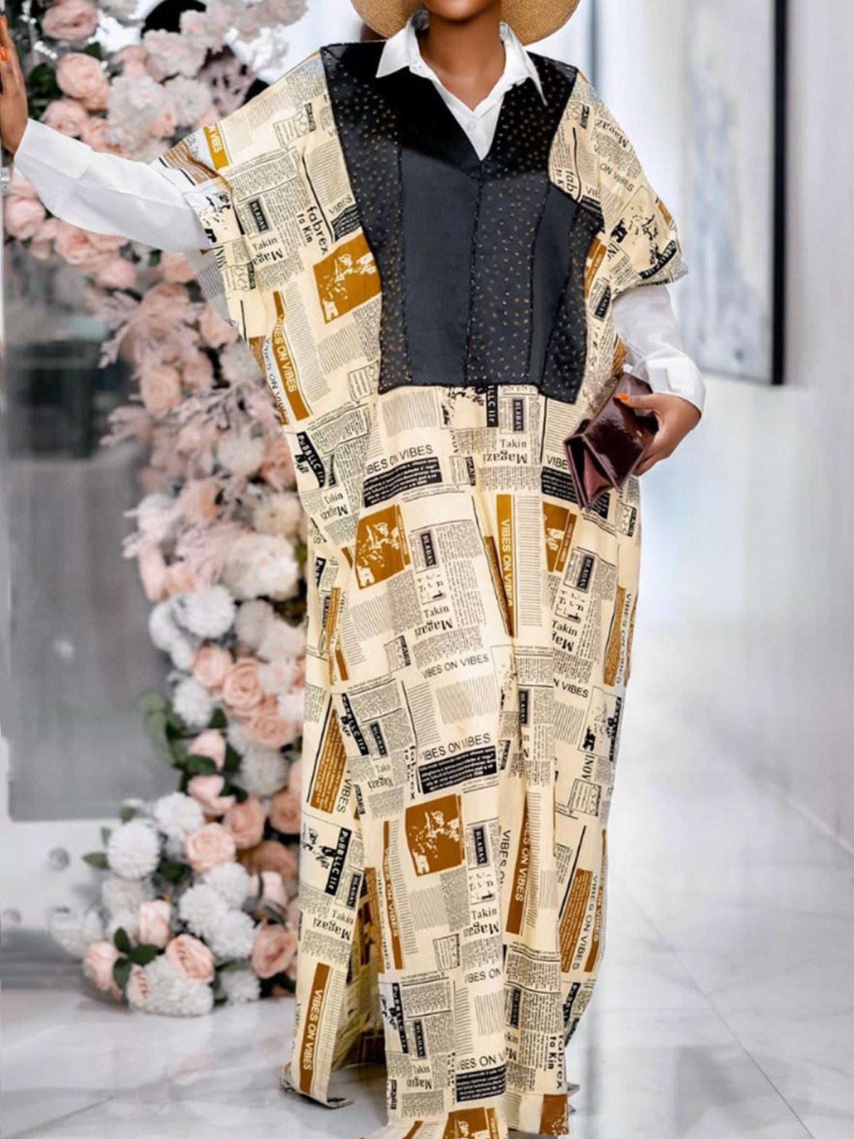 Urban Newspaper Print Raglan Sleeve V Neck Maxi Dress