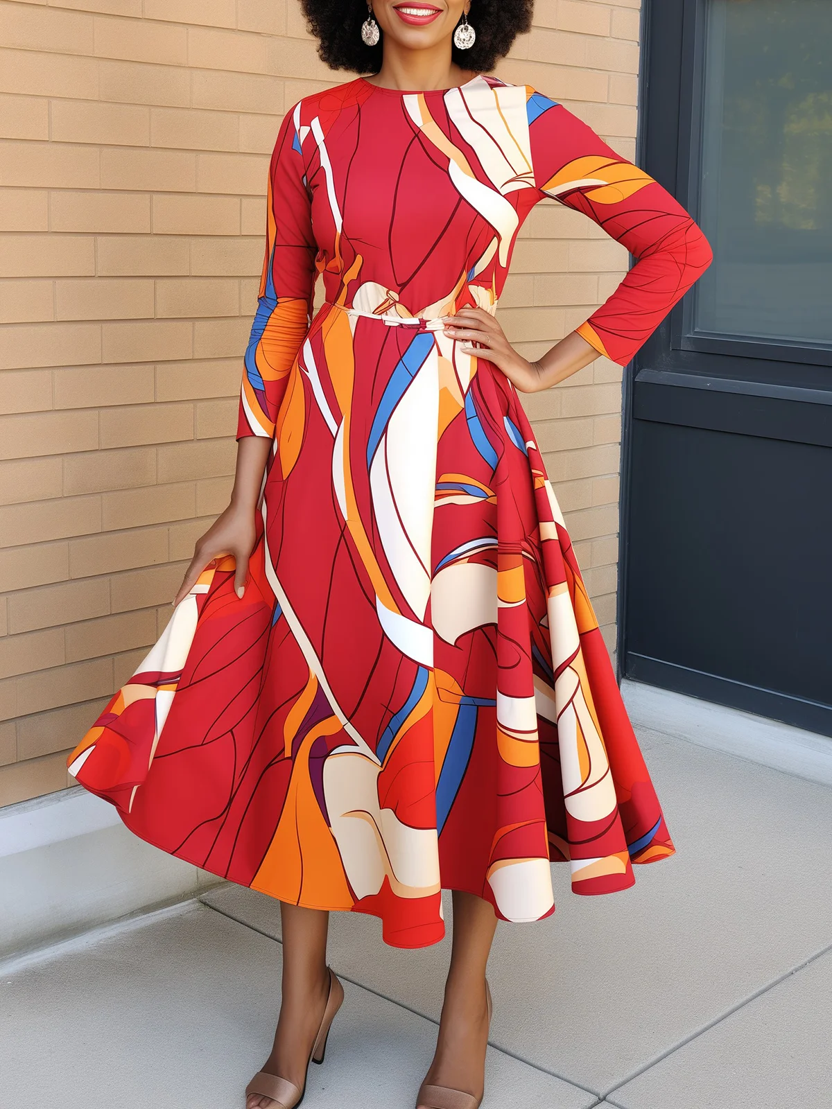 Vacation Abstract Crew Neck Midi Dress