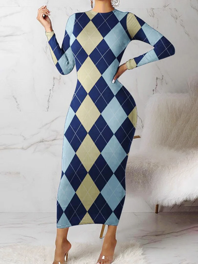 Urban Plaid Printing Crew Neck Maxi Dress