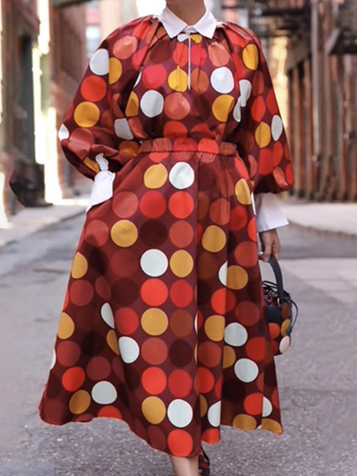 Urban Polka Dots Balloon Sleeve Printing Shawl Collar Maxi Dress