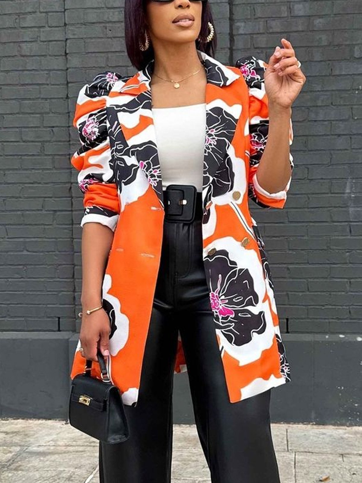 Elegant Puff Sleeve Printing Floral Lapel Collar Blazer