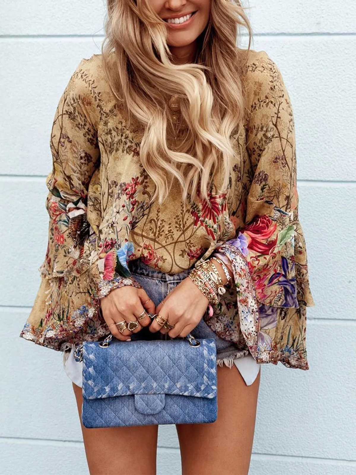 Vacation Floral Printing Crew Neck Bell Sleeve Blouse