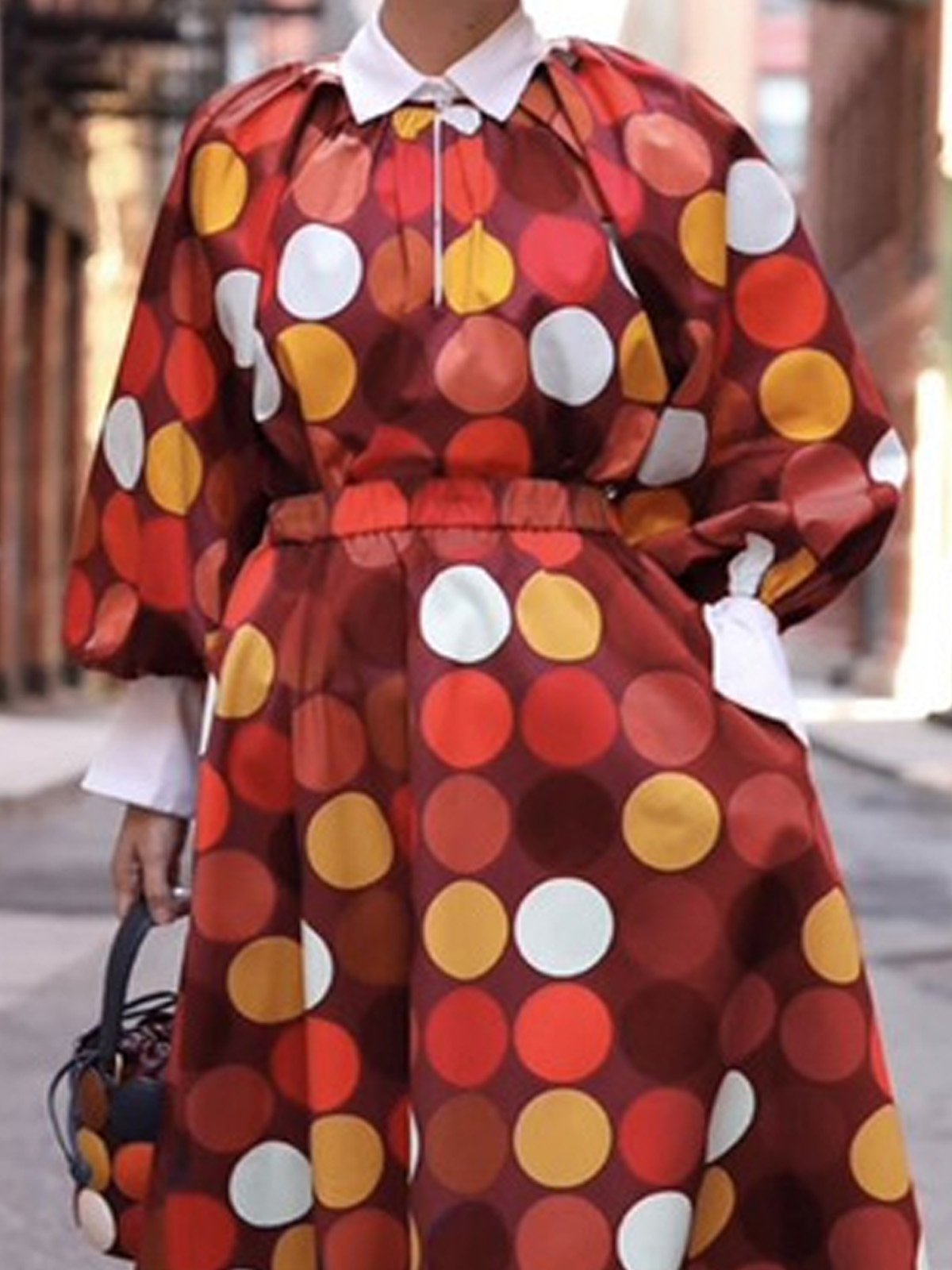 Urban Polka Dots Balloon Sleeve Printing Shawl Collar Maxi Dress